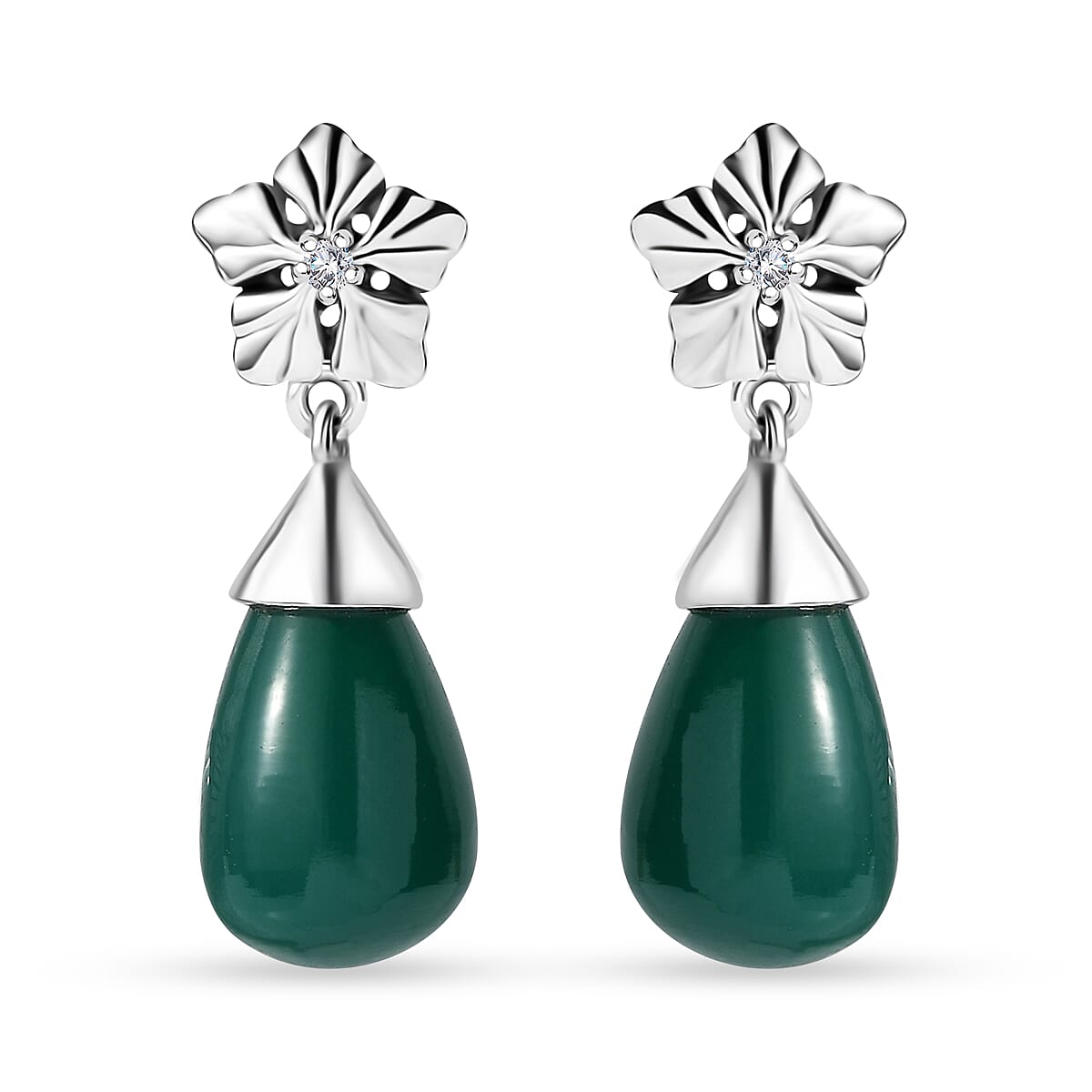 Verde Onyx and White Zircon 13.60 ctw Floral Earrings in Rhodium Over Sterling Silver