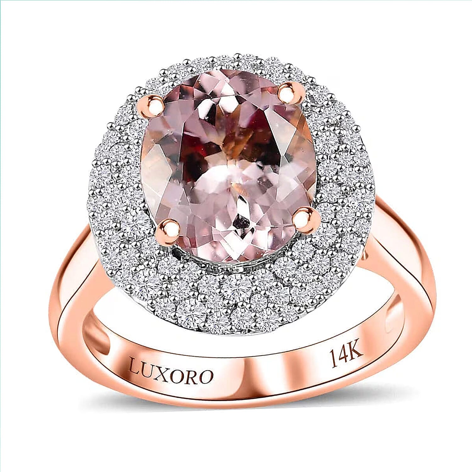 Certified & Appraised Luxoro 14K Rose Gold AAA Pink Morganite, Diamond (G-H, I2) (0.67 cts) Double Halo Ring (Size 6.0) (4.85 g) 4.13 ctw