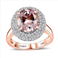 Certified & Appraised Luxoro 14K Rose Gold AAA Pink Morganite, Diamond (G-H, I2) (0.67 cts) Double Halo Ring (Size 6.0) (4.85 g) 4.13 ctw