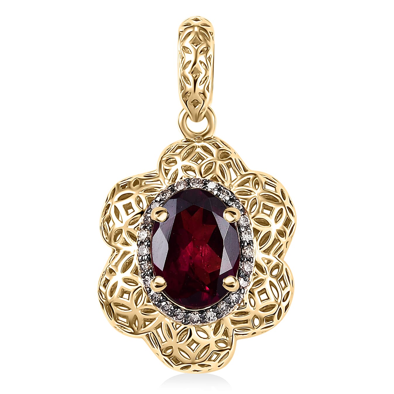 Mirage Collection Luxoro AAA Radiant Ember Garnet and Natural Champagne Diamond 1.50 ctw Vintage Floral Filigree Pendant in 10K Yellow Gold