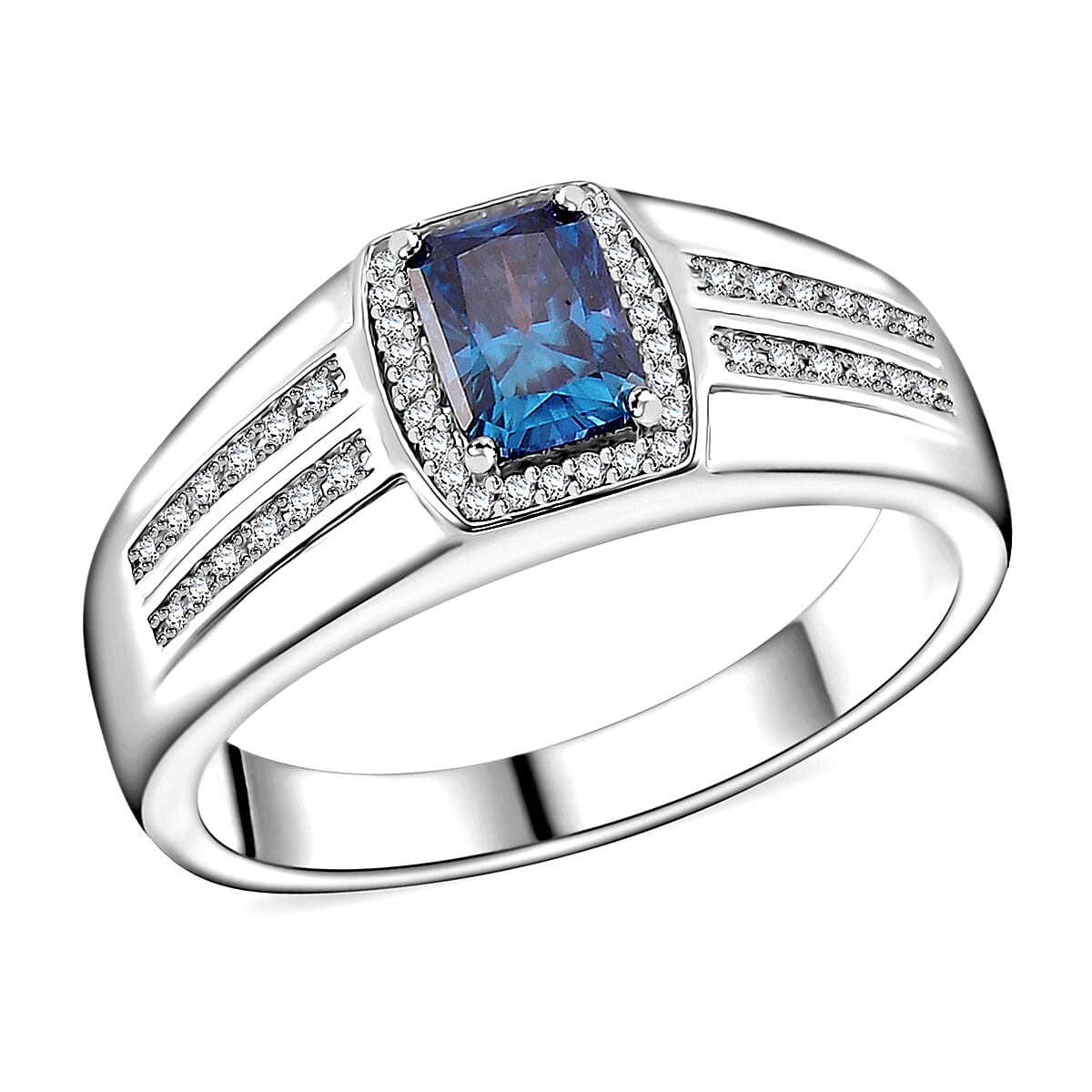Sapphire Blue Moissanite (Oct 7x5mm), Moissanite Men's Ring in Rhodium Over Sterling Silver (Size 10.0) 1.15 ctw