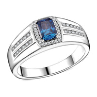 Sapphire Blue Moissanite (Oct 7x5mm), Moissanite Men's Ring in Rhodium Over Sterling Silver (Size 10.0) 1.15 ctw