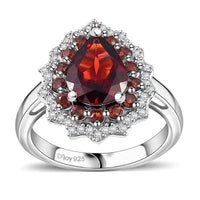 Mozambique Garnet and White Zircon 2.50 ctw Teardrop Halo Ring in Rhodium Over Sterling Silver
