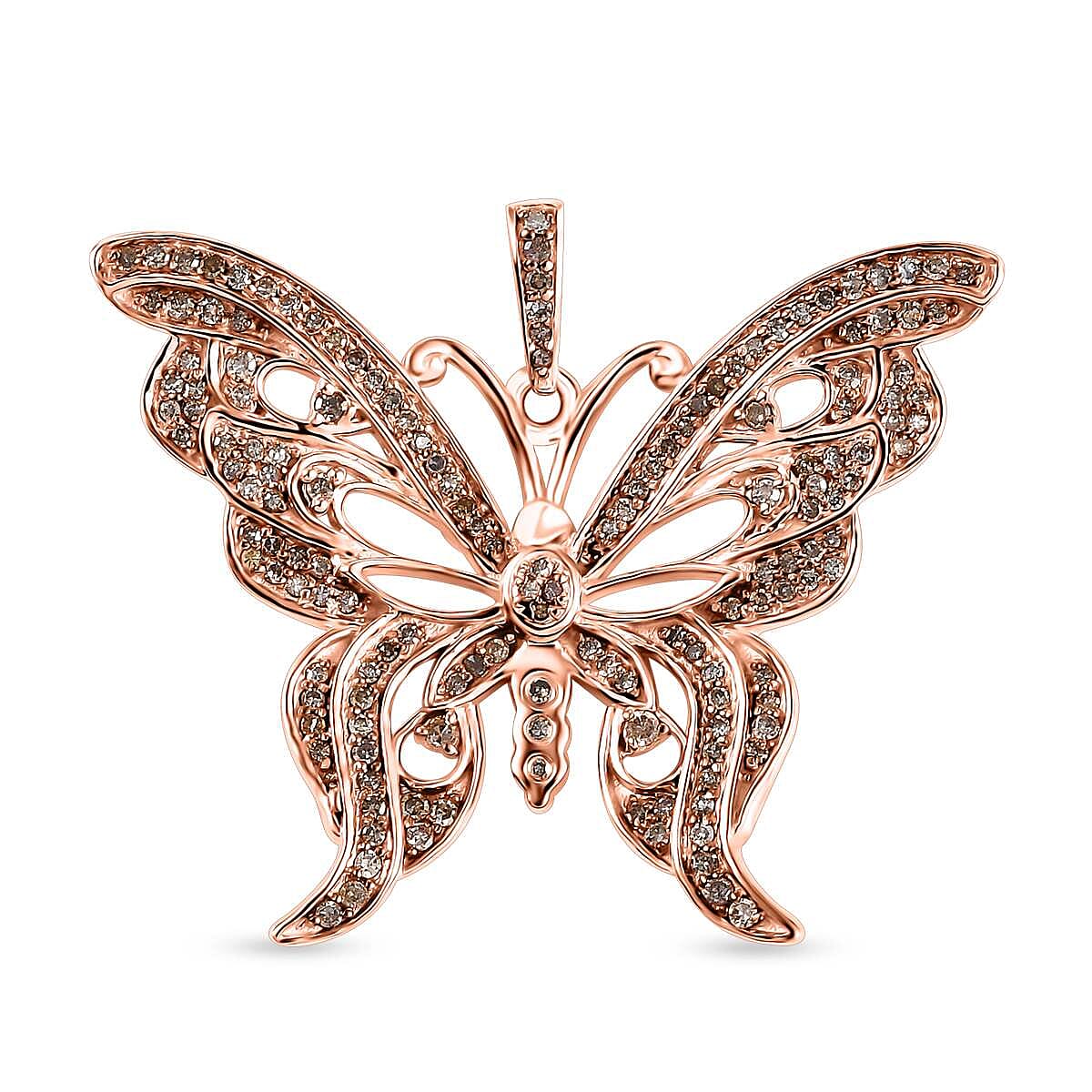 Natural Champagne Diamond Butterfly Pendant in 18K Vermeil RG Over Sterling Silver 0.50 ctw