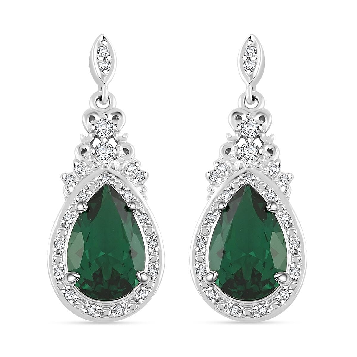 Simulated Emerald and Simulated Diamond 6.20 ctw Earrings in Silvertone