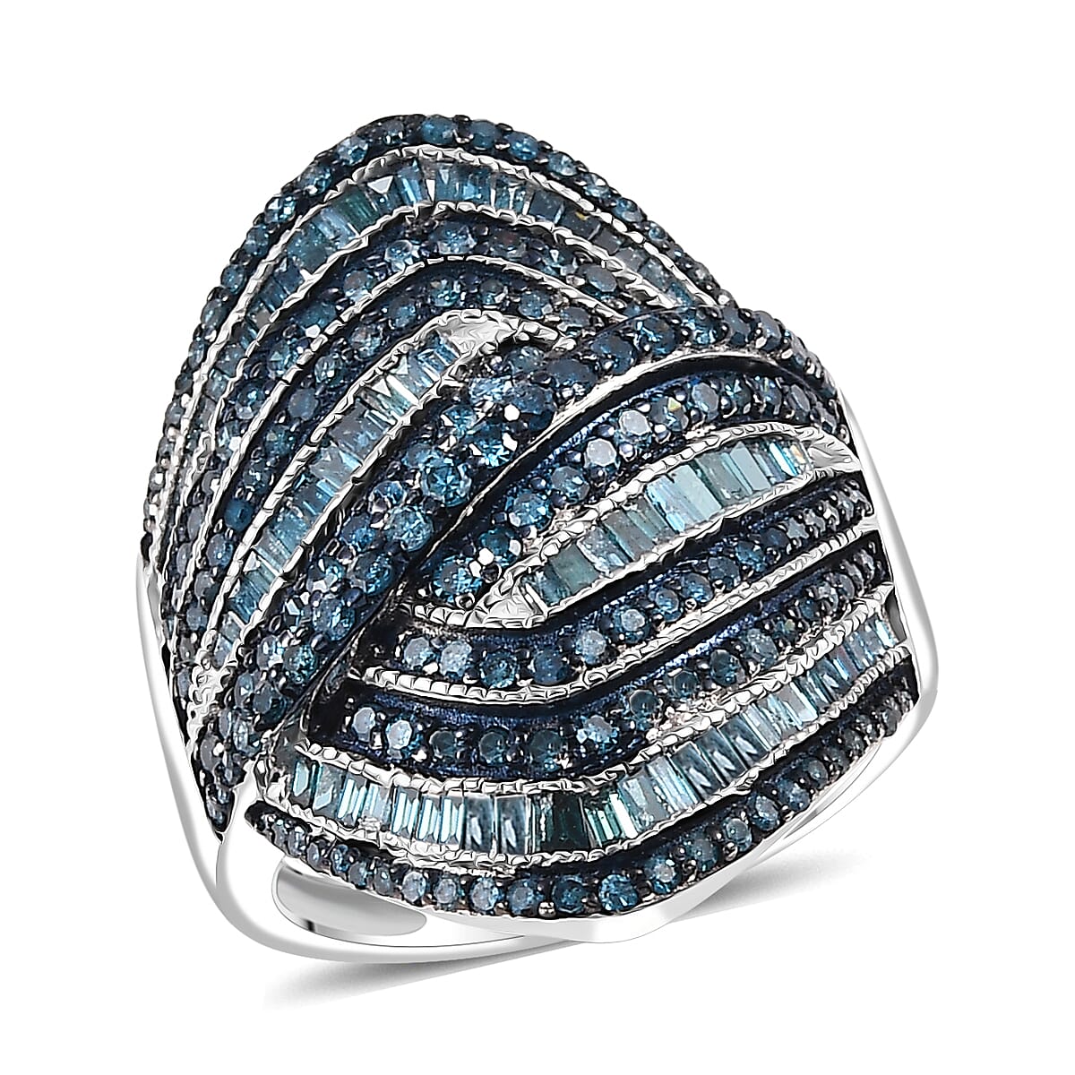 Blue Diamond (IR) Ring in Rhodium Over Sterling Silver (Size 6.0) 1.50 ctw