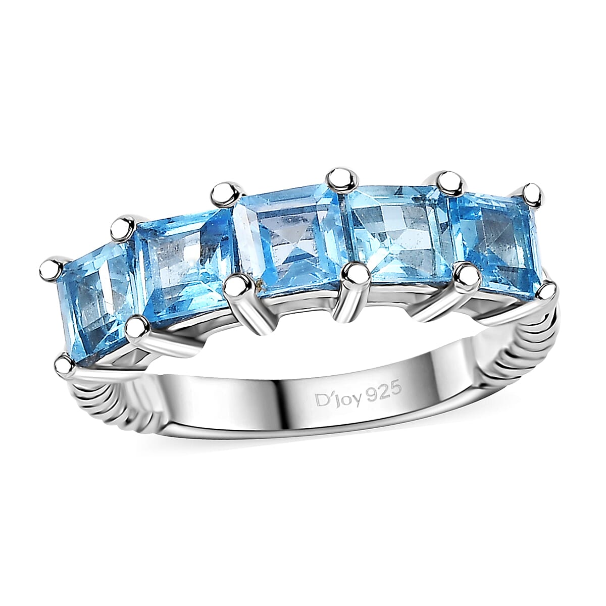 Swiss Blue Topaz 5 Stone Ring in Rhodium Over Sterling Silver (Size 10.0) 2.15 ctw