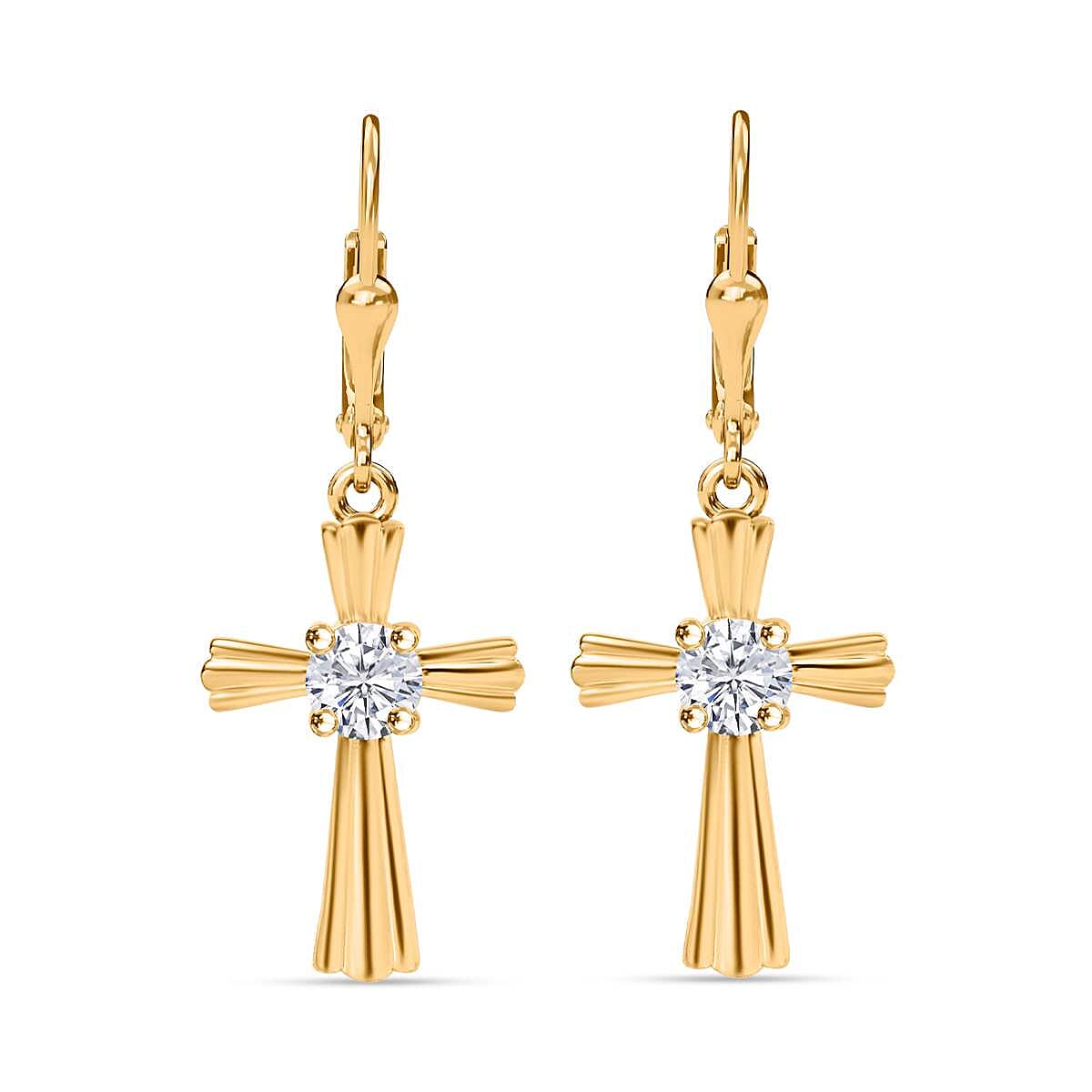 Moissanite Cross Lever Back Earrings in 18K Vermeil YG Over Sterling Silver 0.90 ctw