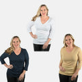 Set of 3 Navy, Khaki, White Cotton Blend V-Neck 3/4 Sleeve Shirts - M - Sticky add to cart bar