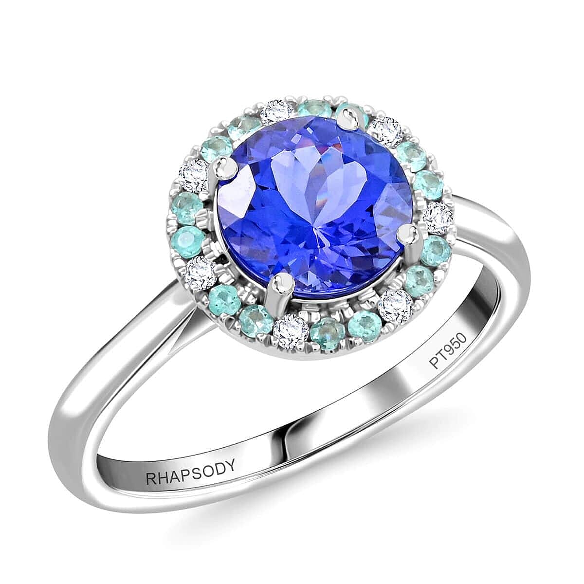 Certified & Appraised Rhapsody AAAA Tanzanite, Paraiba Tourmaline and E-F VS Diamond 2.15 ctw Ring in 950 Platinum 6.35 Grams