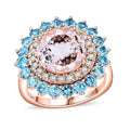 Certified & Appraised Luxoro AAA Pink Morganite, Santa Maria Aquamarine and G-H I2 Diamond 5.15 ctw Ring in 14K Rose Gold 6.20 Grams - Sticky add to cart bar