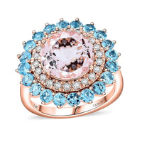 Certified & Appraised Luxoro AAA Pink Morganite, Santa Maria Aquamarine and G-H I2 Diamond 5.15 ctw Ring in 14K Rose Gold 6.20 Grams