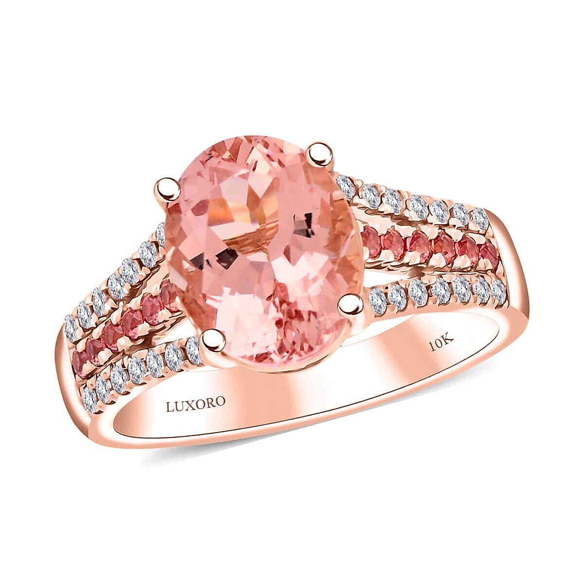 Certified & Appraised Luxoro AAA Pink Morganite, Padparadscha Sapphire and G-H I2 Diamond 3.00 ctw Ring in 10K Rose Gold 4.35 Grams