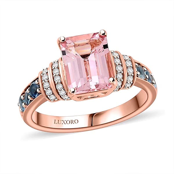Certified & Appraised Luxoro 10K Rose Gold AAA Pink Morganite, Santa Maria Aquamarine, Diamond (G-H, I2) (0.17 cts) Ring (Size 10.0) (4.15 g) 2.75 ctw