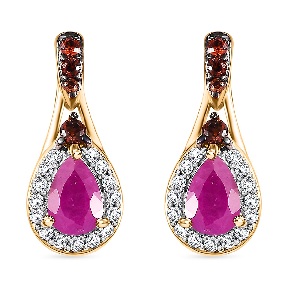 Premium Royal Ruby, Brown and White Zircon 1.60 ctw Autumn Grace Earrings in 18K Vermeil Yellow Gold Over Sterling Silver