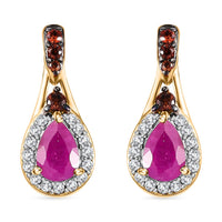 Premium Royal Ruby, Brown and White Zircon 1.60 ctw Autumn Grace Earrings in 18K Vermeil Yellow Gold Over Sterling Silver
