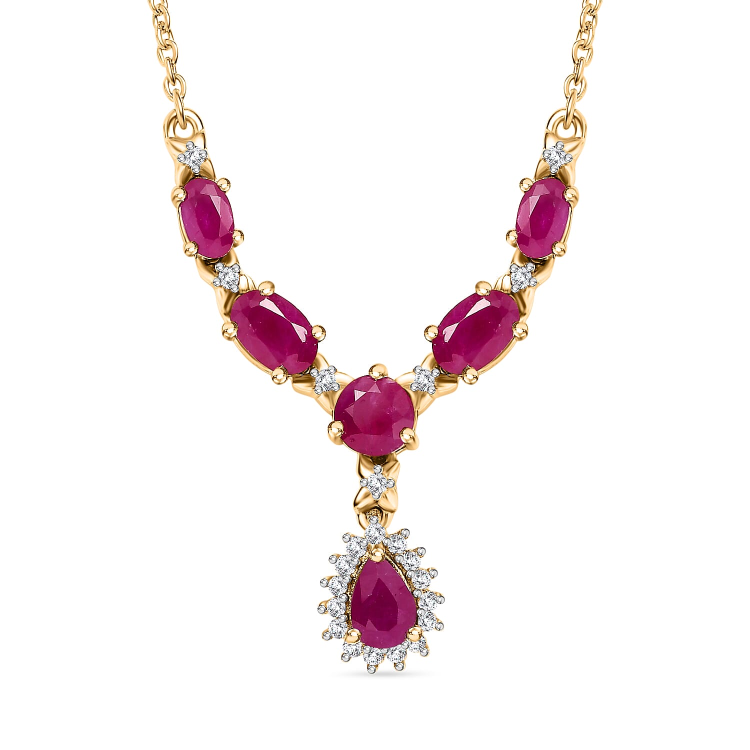 D'Joy Premium Royal Ruby and White Zircon 3.50 ctw Floral Necklace in 18K Vermeil Yellow Gold Over Sterling Silver 18-20 Inches