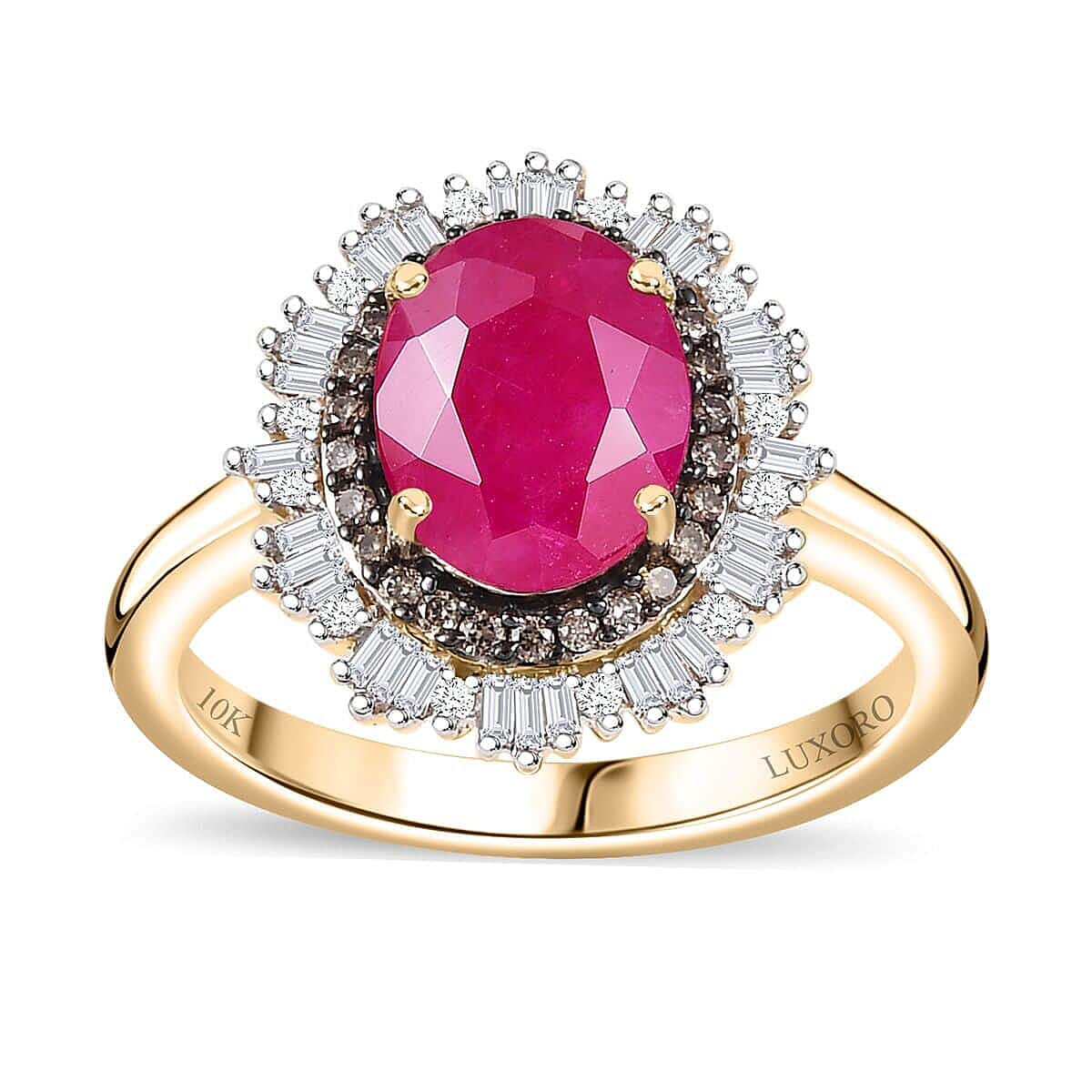 Epic Deal Luxoro 10K Yellow Gold Premium Royal Ruby, Natural Champagne and White Diamond (G-H, I2) (0.40 cts) Ring 3.15 ctw