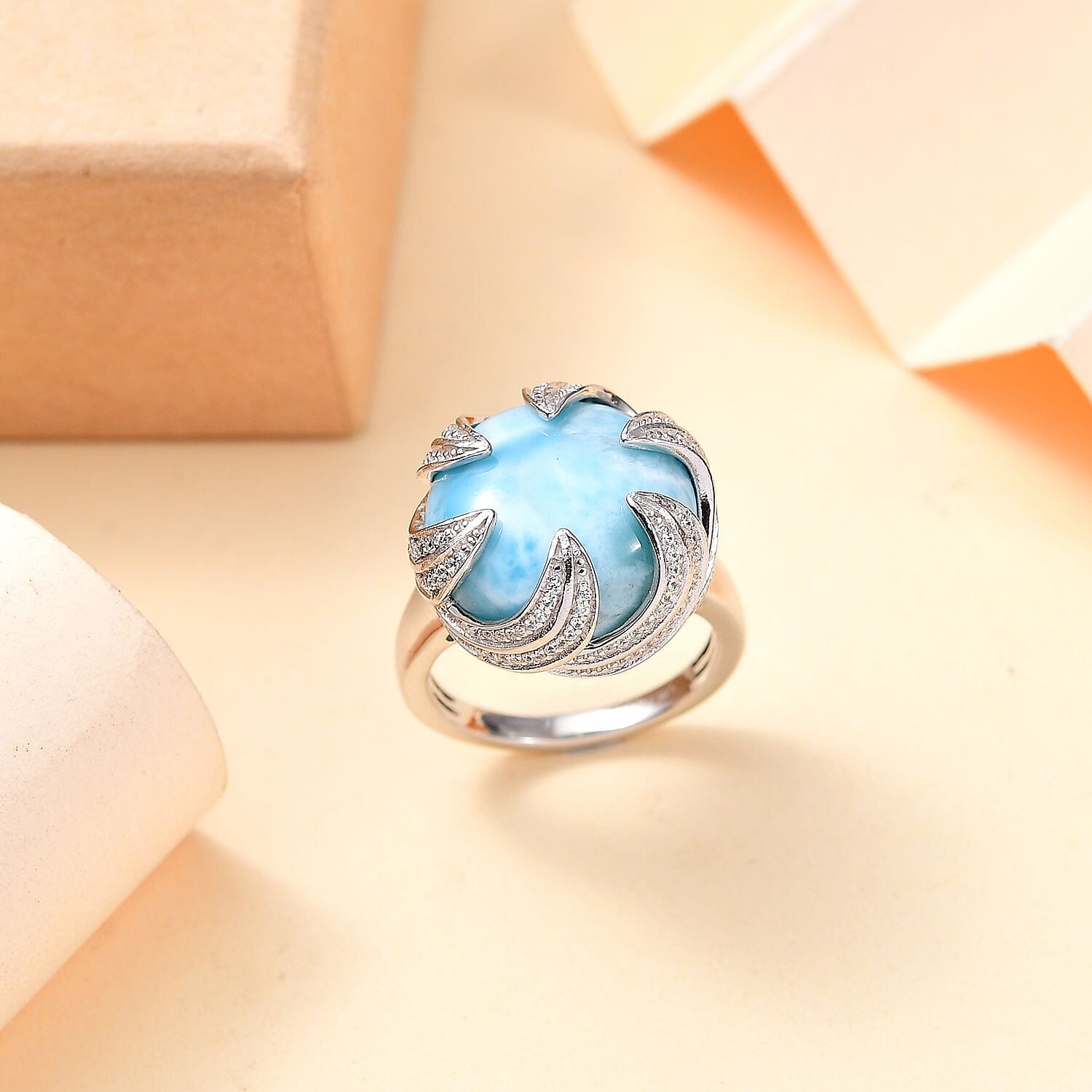 Larimar and White Zircon 14.85 ctw Ocean Waves Ring in Rhodium