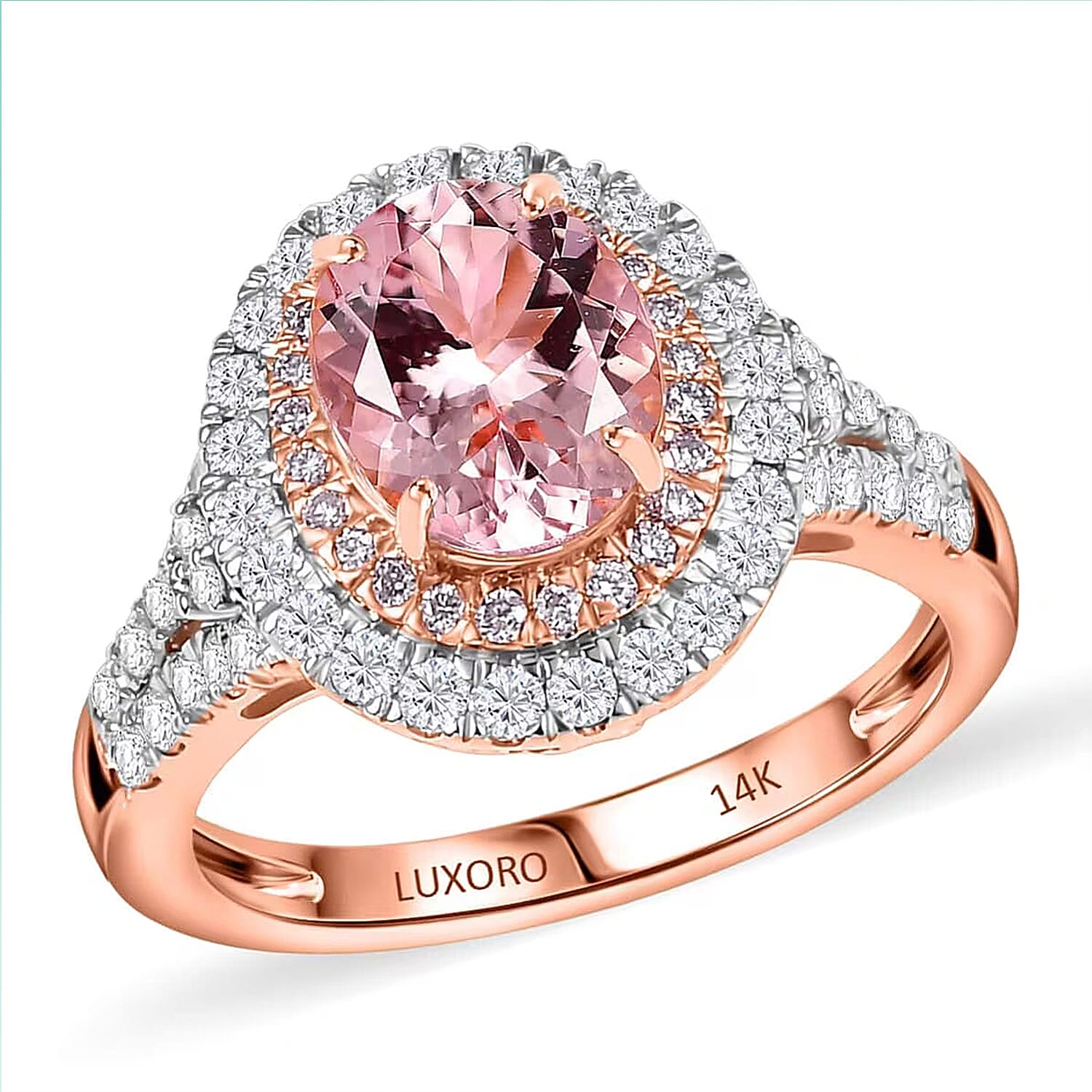 Certified & Appraised Luxoro 14K Rose Gold AAA Pink Morganite, Diamond (G-H, I2) (0.82 cts) Double Halo Ring (Size 10.0) (4.41 g) 2.50 ctw