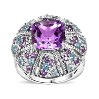 Moroccan Rose and Multi Gemstone 5.85 ctw Floral Ring in Rhodium Over Sterling Silver
