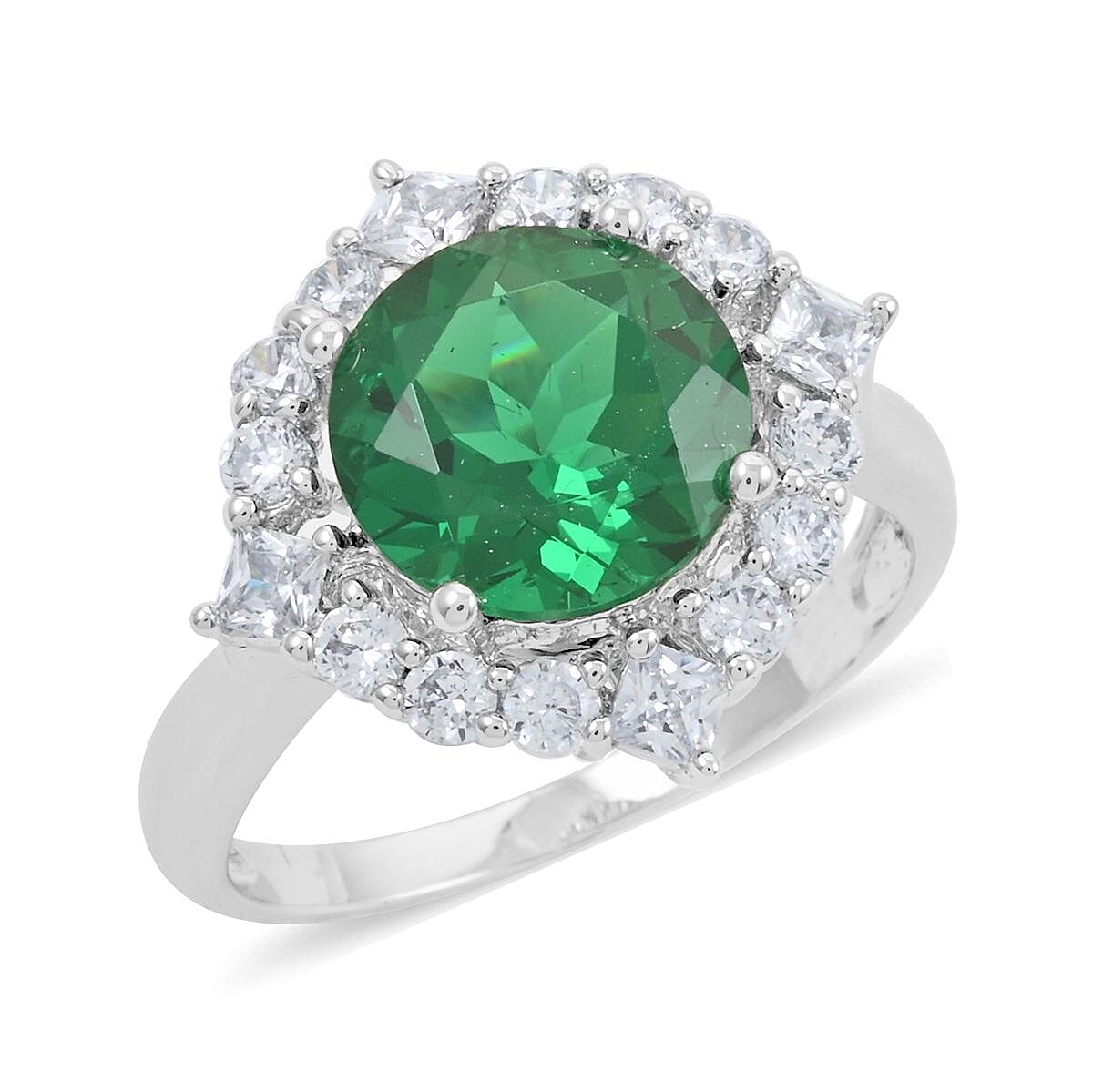 Emerald, Simulated Diamond Ring in Silvertone (Size 6.0) 6.10 ctw
