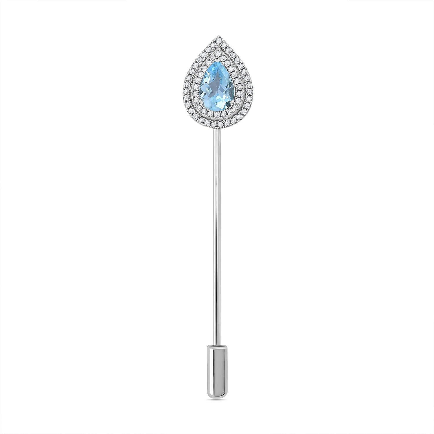 Blue Topaz, Simulated Diamond Brooch in Silvertone 3.10 ctw
