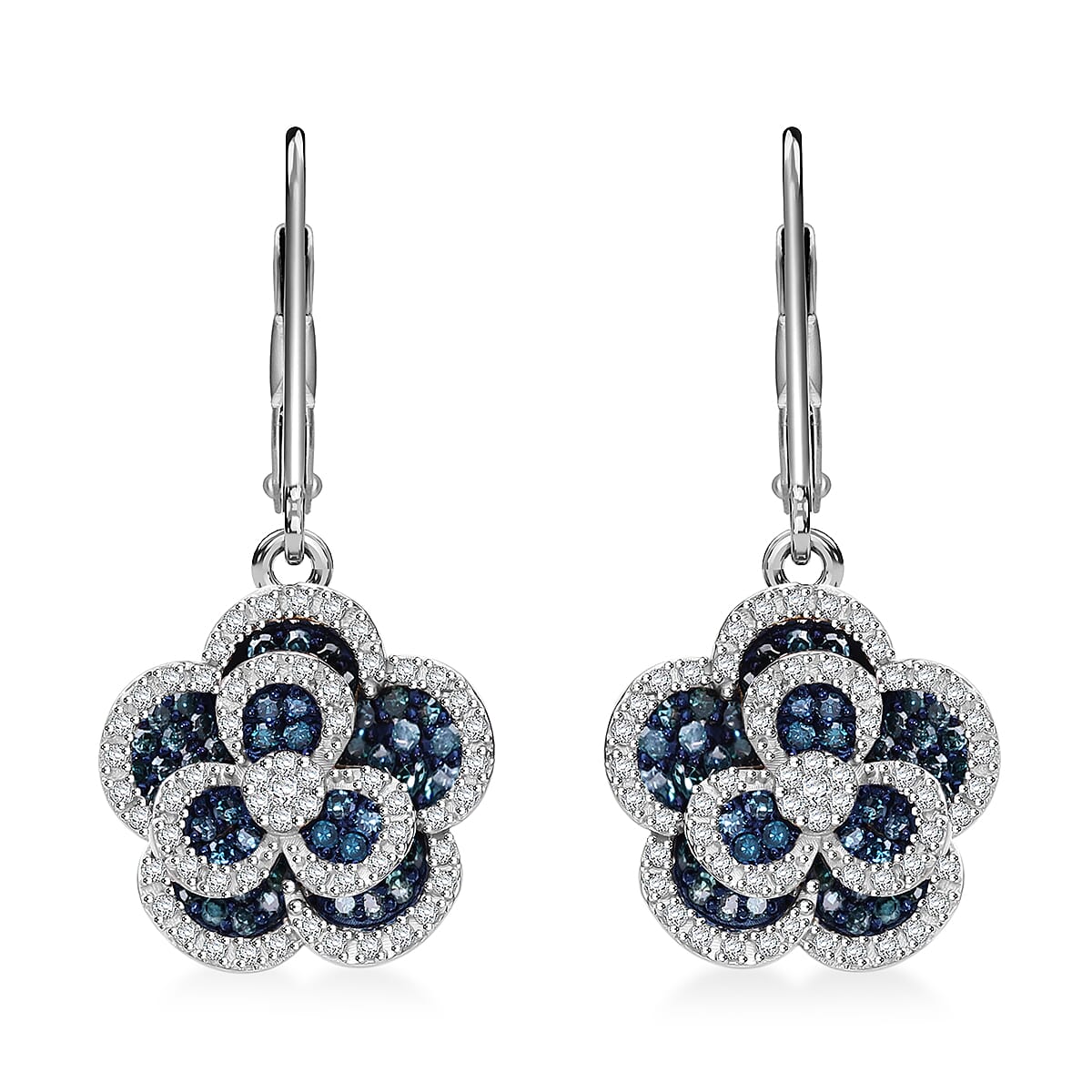 Doorbuster Blue Diamond (IR), White Diamond Floral Earrings in Platinum Over Sterling Silver 1.00 ctw