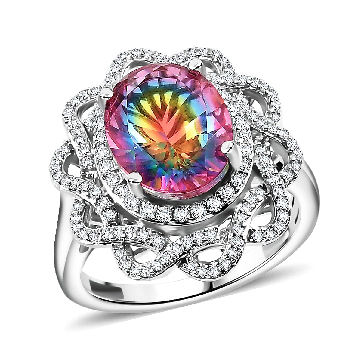 Premium Nebula Quartz Doublet, Moissanite Ring in Rhodium Over Sterling Silver (Size 7.0) 4.65 ctw
