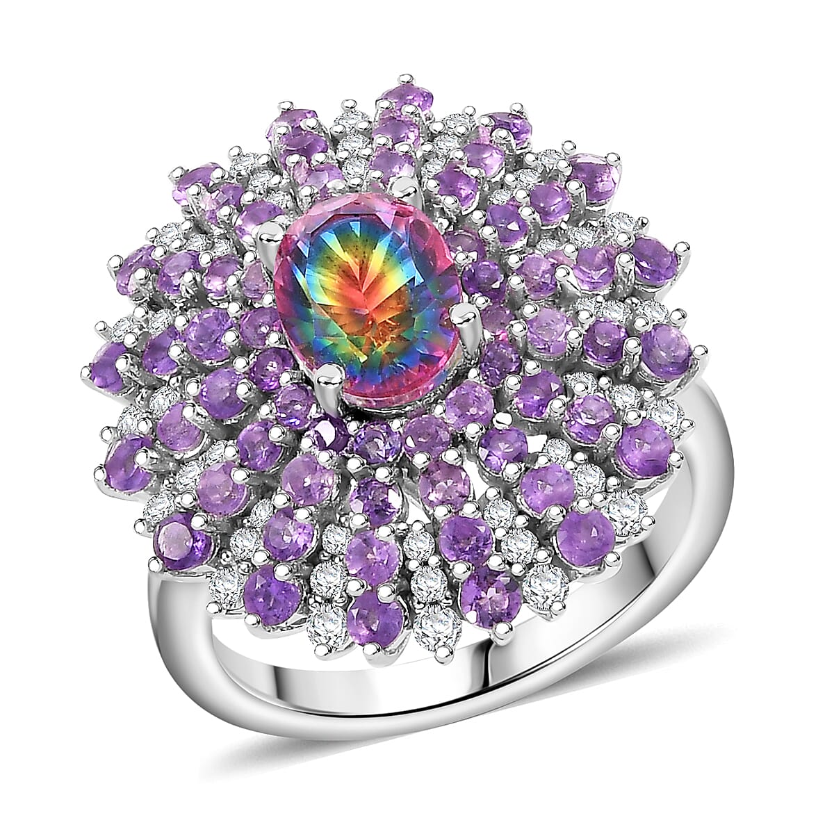 Premium Nebula Quartz Doublet, Multi Gemstone Floral Spray Ring in Rhodium Over Sterling Silver (Size 7.0) 3.40 ctw