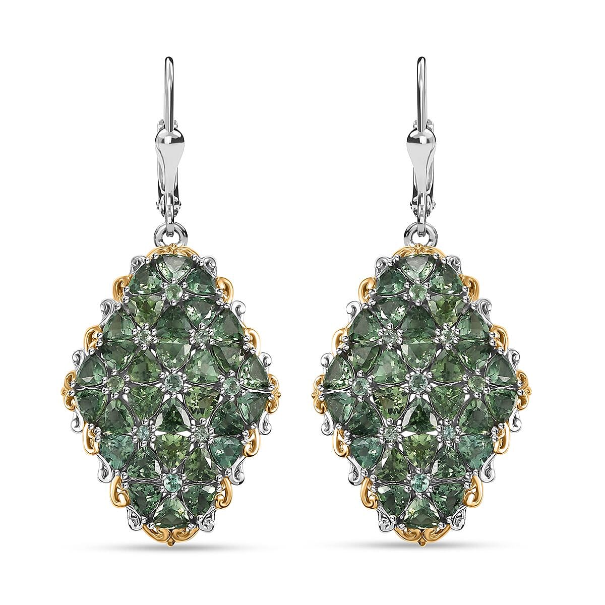 D'Joy Tanzania Natural Green Apatite 12.10 ctw Cluster Earrings in 18K Vermeil YG and Rhodium Over Sterling Silver