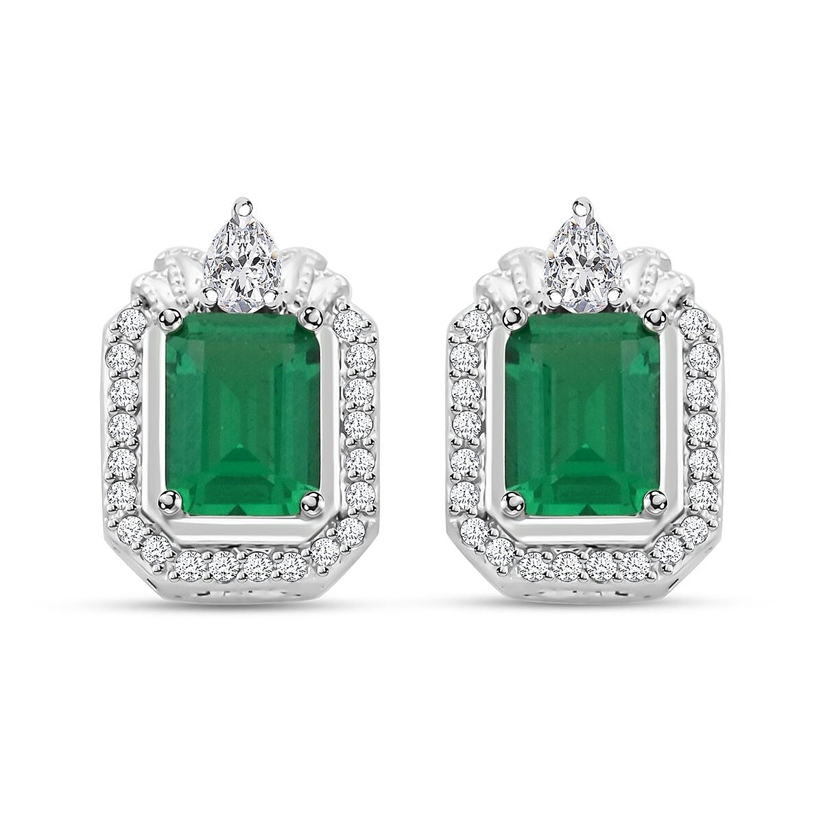 Simulated Emerald and Simulated Diamond Earrings in Silvertone