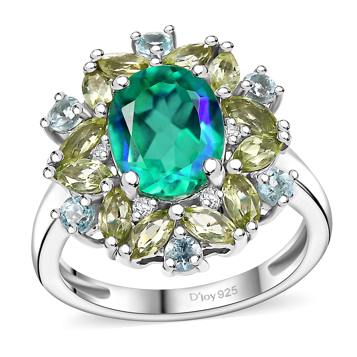 Premium Peacock Quartz, Multi Gemstone Floral Ring in Rhodium Over Sterling Silver (Size 10.0) 3.60 ctw