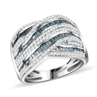Blue Diamond (IR), Diamond Bridge Over Ring in Rhodium Over Sterling Silver (Size 10.0) 1.00 ctw