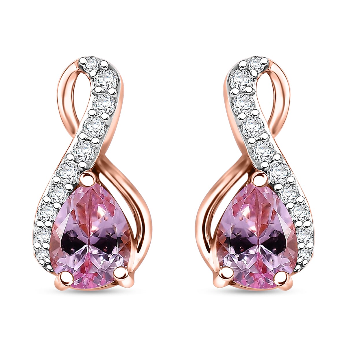 Martha Rocha Kunzite and Moissanite 1.80 ctw Infinity Earrings in 18K Vermeil Rose Gold Over Sterling Silver