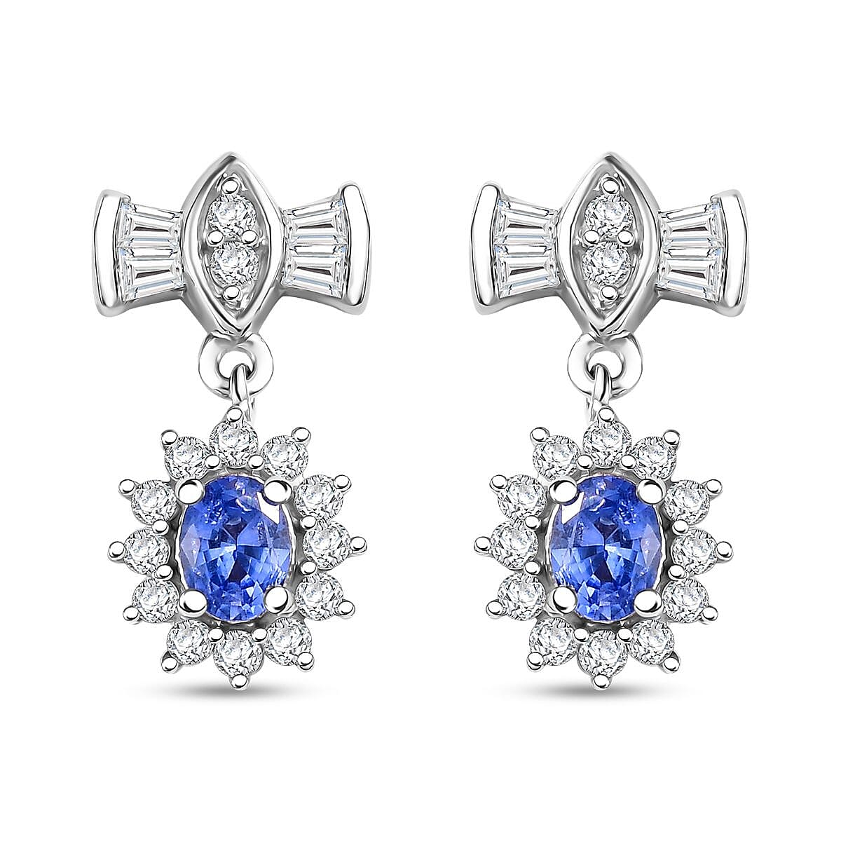 D'Joy Ceylon Blue Sapphire and White Zircon 1.20 ctw Bow Earrings in Rhodium Over Sterling Silver