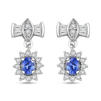 D'Joy Ceylon Blue Sapphire and White Zircon 1.20 ctw Bow Earrings in Rhodium Over Sterling Silver