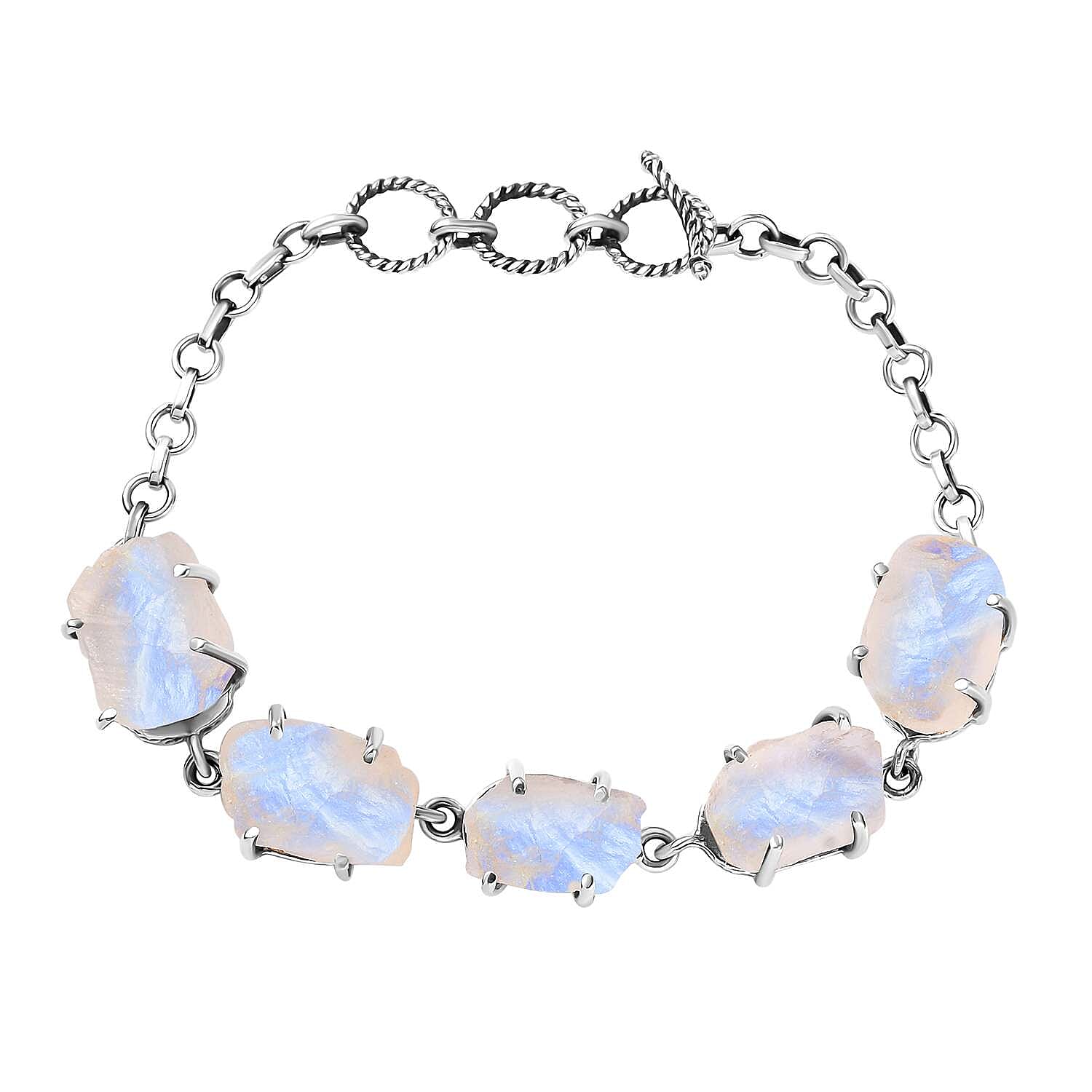 D'Joy Artisan Crafted Rough Cut Rainbow Moonstone 50.75 ctw Fancy Bracelet in Sterling Silver (6.50-8.0In)