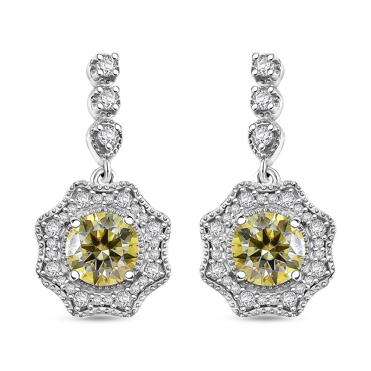 Yellow and White Moissanite 2.20 ctw Sunflower Earrings in Rhodium Over Sterling Silver