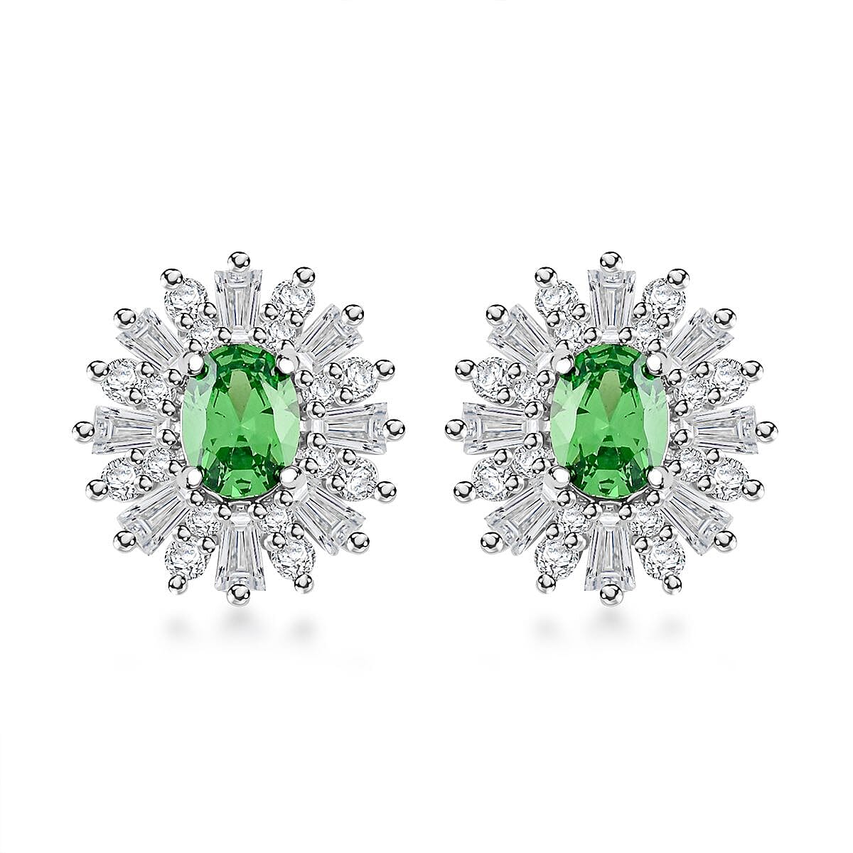 Simulated Emerald and Simulated Diamond 6.65 ctw Earrings in Silvertone