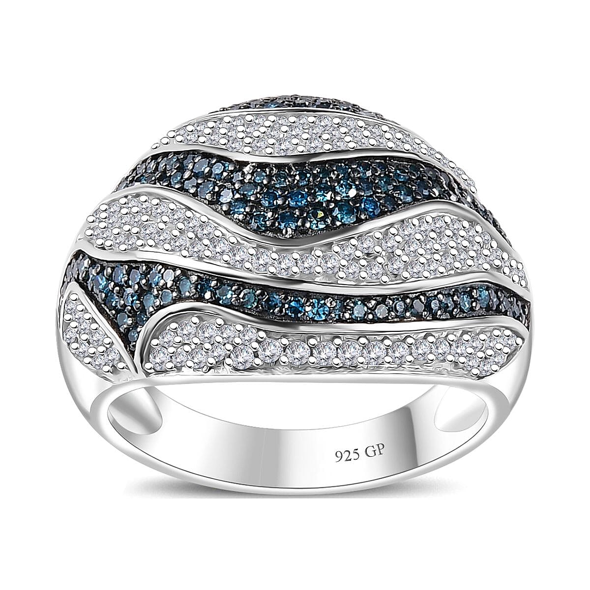 GP Blue Diamond (IR), White Diamond Dome Ring in Rhodium Over Sterling Silver (Size 7.0) 1.00 ctw