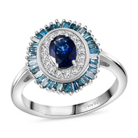 Blue Ceylon Sapphire, Blue Diamond (IR), White Diamond Ring in Rhodium Over Sterling Silver (Size 7.0) 1.35 ctw
