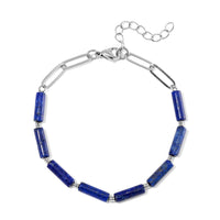 Lapis Lazuli Barrel Shape Paper Clip Chain Bracelet (8.00-9.50In) in Stainless Steel 22.50 ctw