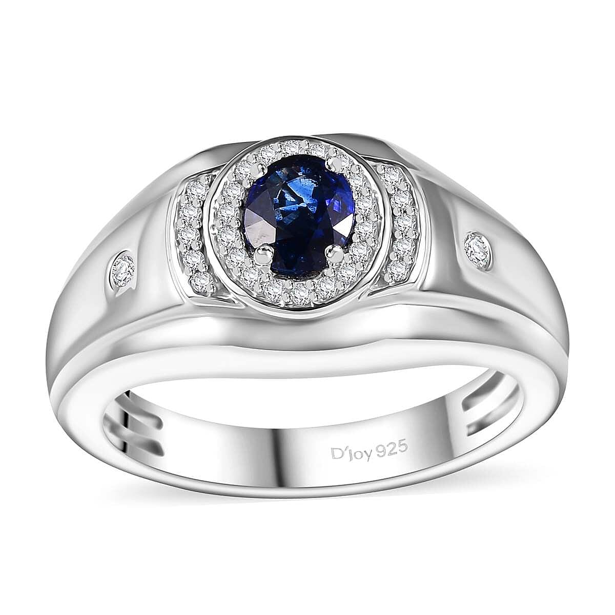 Ceylon Blue Sapphire, White Zircon Men's Ring in Rhodium Over Sterling Silver (Size 10.0) 1.20 ctw