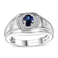 Ceylon Blue Sapphire, White Zircon Men's Ring in Rhodium Over Sterling Silver (Size 10.0) 1.20 ctw