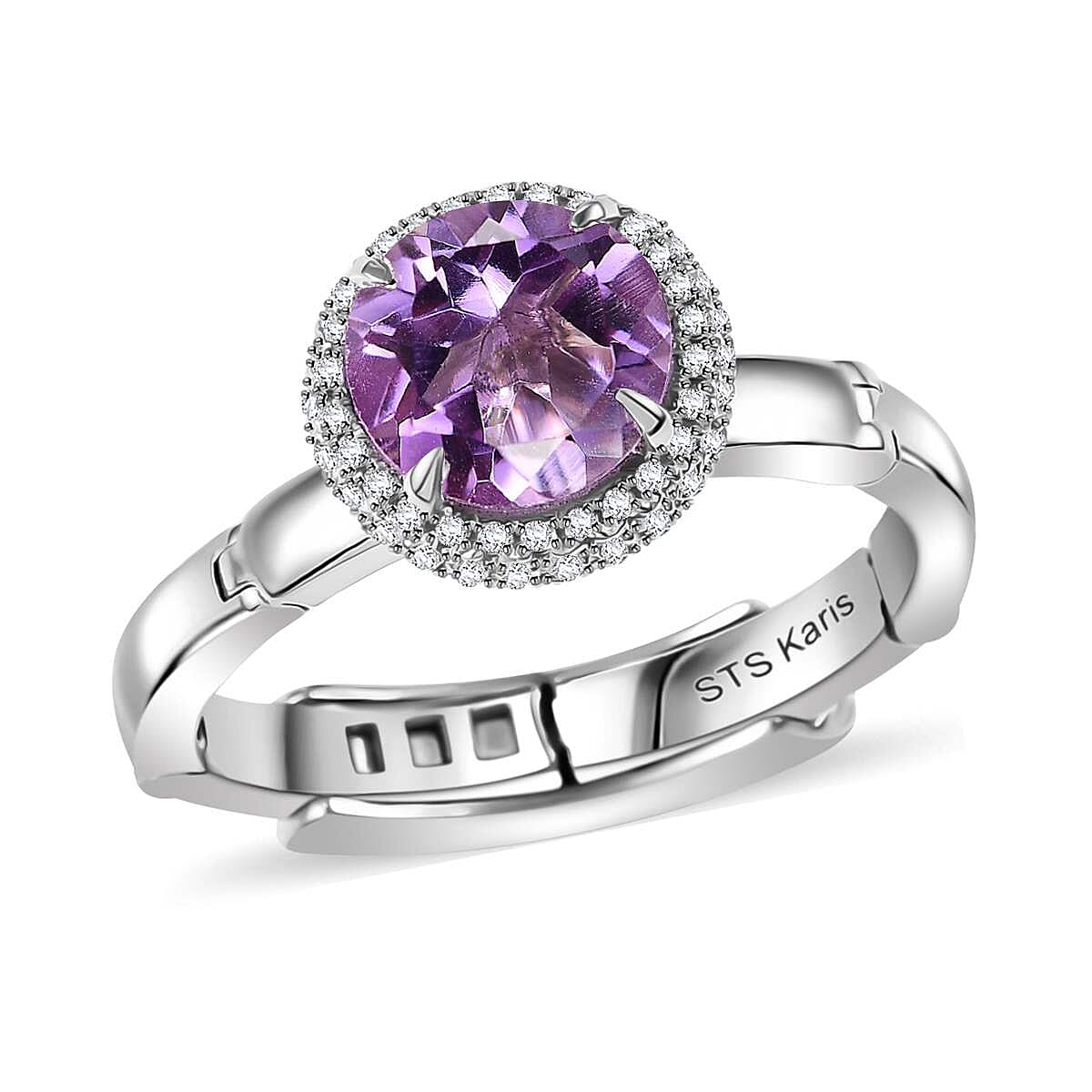 Karis Rose De France Amethyst, White Zircon Ring in Platinum Bond (Size 7.0) 2.10 ctw
