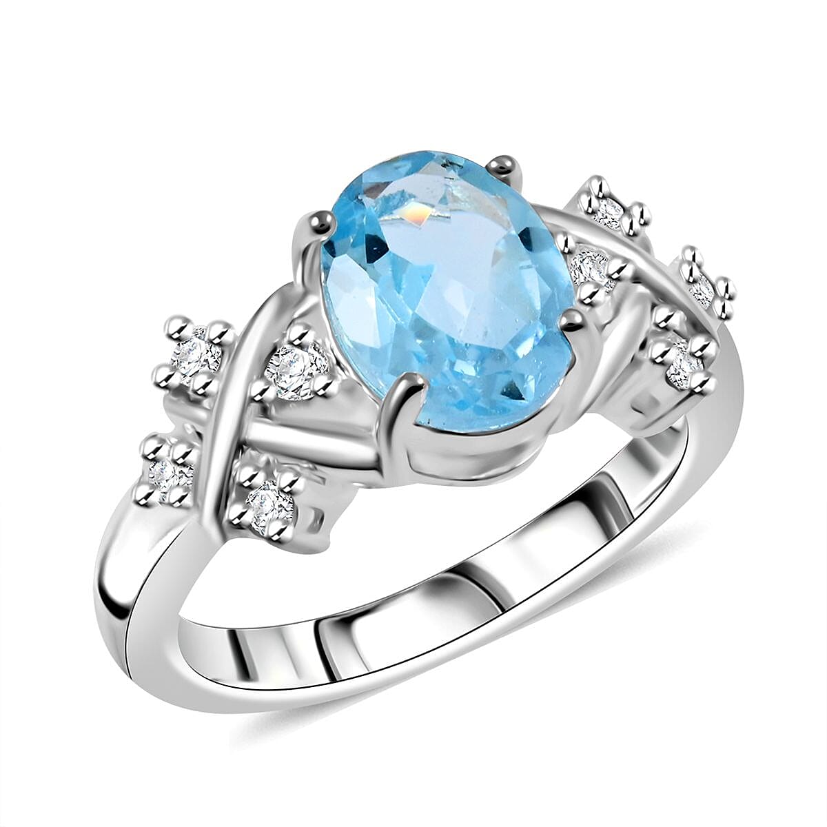 Blue Topaz, Simulated Diamond Ring in Silvertone (Size 6.0) 2.25 ctw
