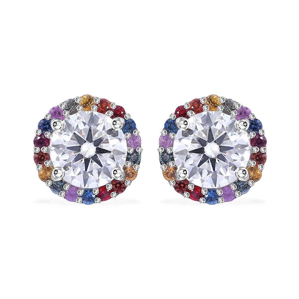 Moissanite and Multi Sapphire 2.00 ctw Rainbow Radiance Earrings in Rhodium Over Sterling Silver