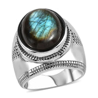 Malagasy Labradorite Solitaire Men's Ring in Stainless Steel (Size 10.0) 10.60 ctw