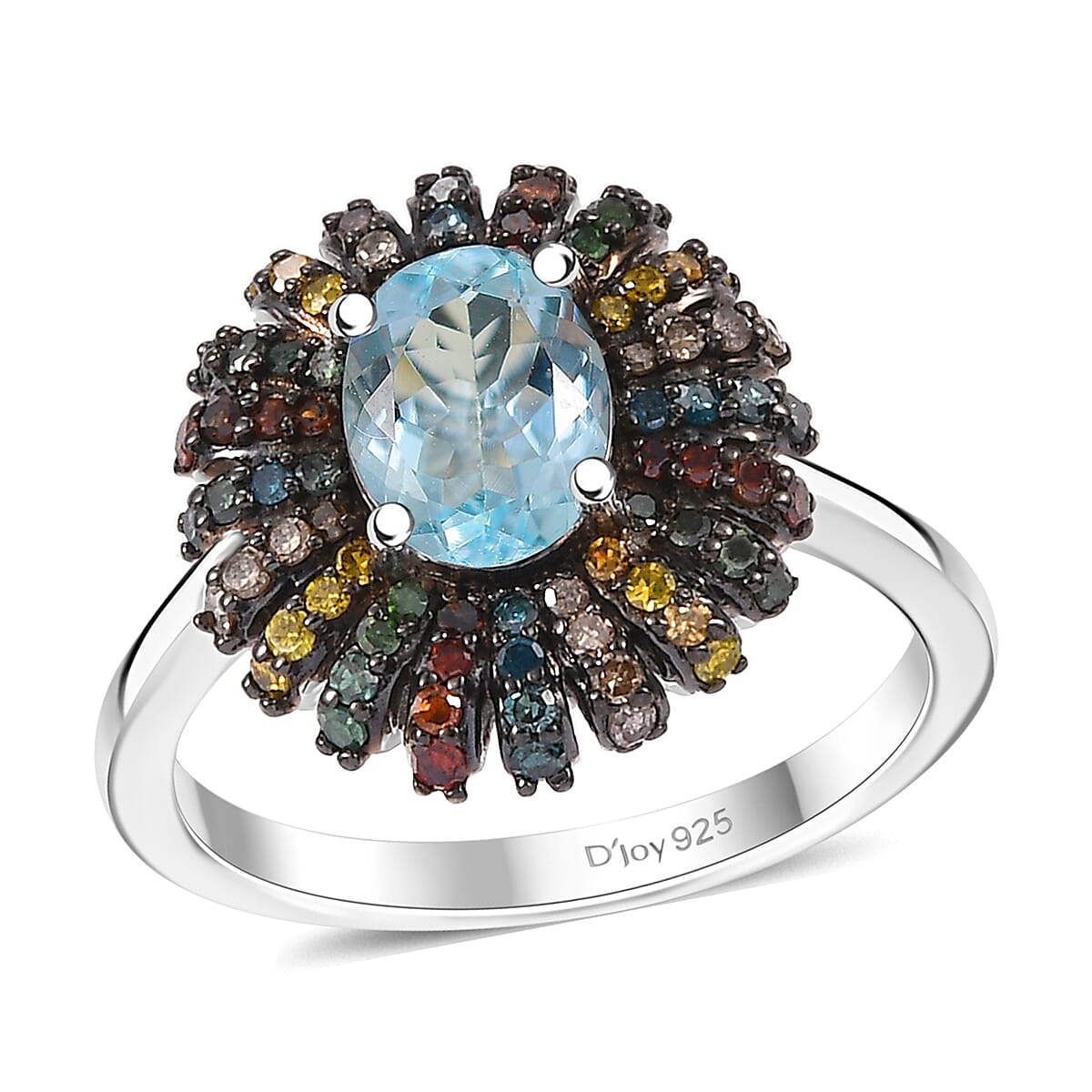 Doorbuster Premium Santa Maria Aquamarine, Multi Diamond (Natural & IR) Ocean Blossom Ring in Rhodium Over Sterling Silver (Size 10.0) 1.50 ctw